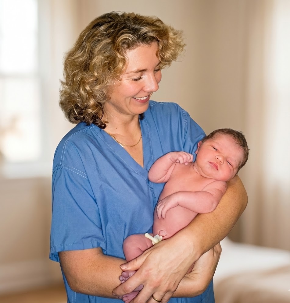 Home Page JD, midwife, talking with an expecting couple